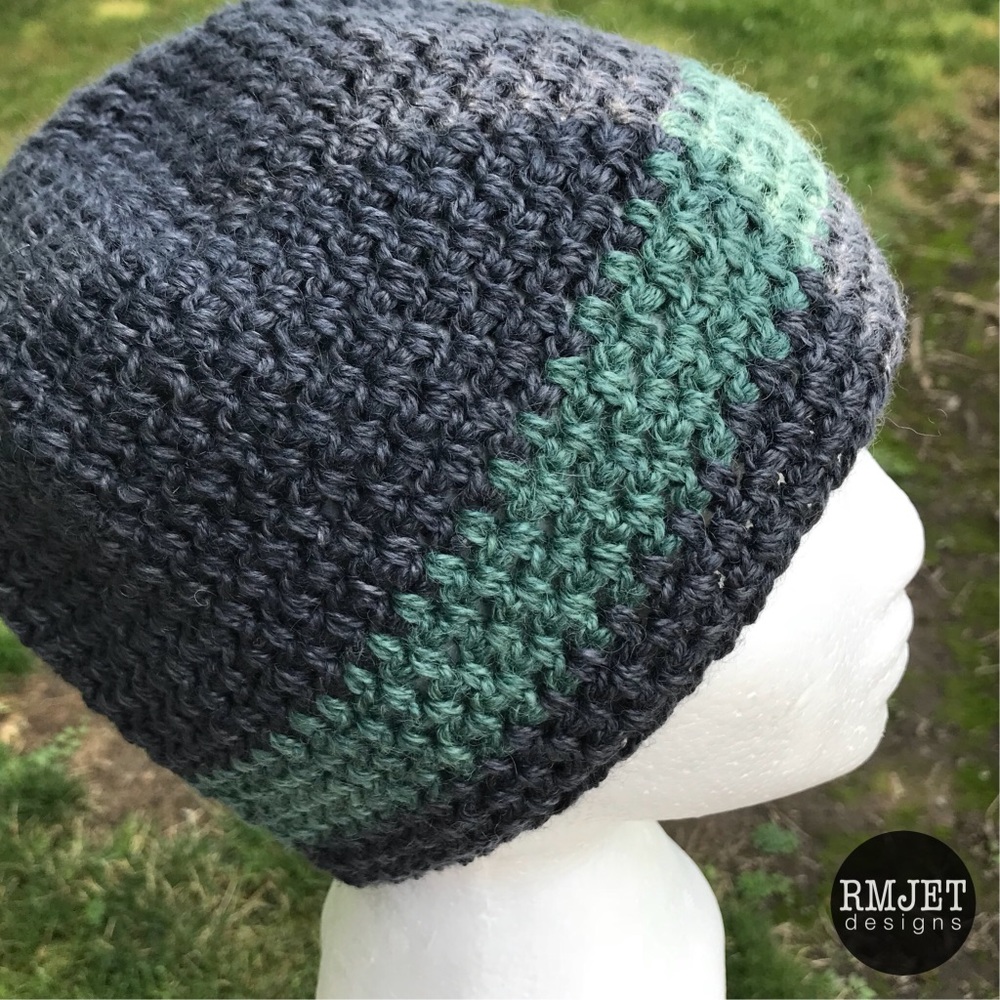 Hand dyed Black & Green HEMP Unisex beanie hat
